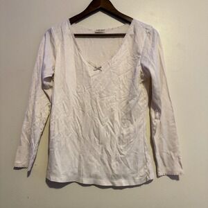 Vintage CUDDL DUDS Women's Long Sleeve V Neck White Lace Trim Bow Timeless